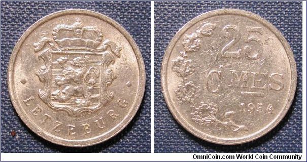 1954 Luxembourg 25 Centimes (aluminum)