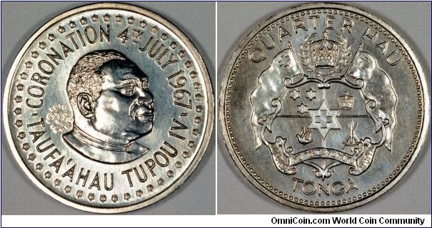 Issued for the wedding of King Taufa Ahau Tupou IV in 1968, this Quarter Hau was part of a three coin set in palladium, made using the dies of the 1967 issue, but with a countermark on the obverse.