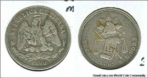 1890 Mexico, Mo 25 centavos, only 60,000 minted.