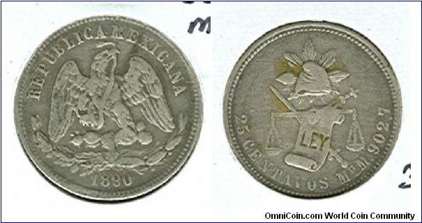 1890 Mexico, Mo 25 centavos, only 60,000 minted.