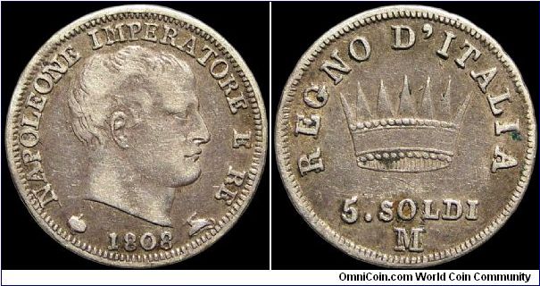 5 Soldi, Napoleonic Kingdom of Italy.

Milan mint. Rare.                                                                                                                                                                                                                                                                                                                                                                                                                                                          