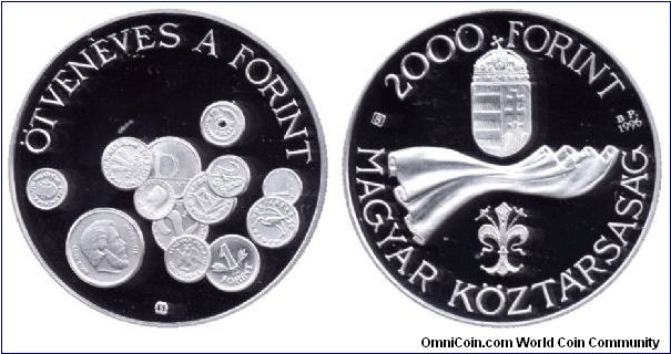Hungary, 2000 forints, 1996, Ag, 50 years of present time forint. Name comes from florin (flower) as the currency was named by the Anjou king Róbert Károly in the Middle Ages.                                                                                                                                                                                                                                                                                                                                     