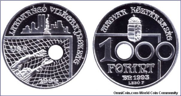 Hungary, 1000 forints, 1993, Ag, Soccer World Championship USA, specially holed for the ball!                                                                                                                                                                                                                                                                                                                                                                                                                       