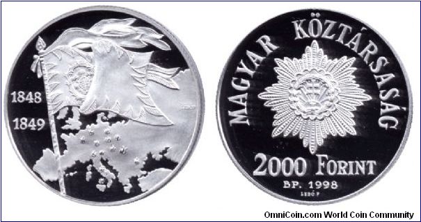 Hungary, 2000 forints, 1998, Ag, 150th Anniversary of the 1848-49 Revolution against the Habsburgs.                                                                                                                                                                                                                                                                                                                                                                                                                 