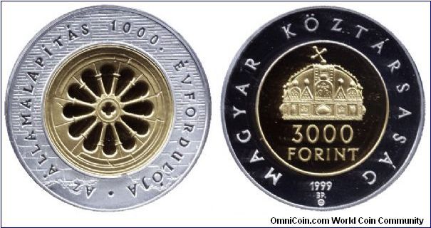 Hungary, 3000 forints, 1999, Ag, Bimetallic, Holy Crown, 1000th Anniversary of Hungarian State.                                                                                                                                                                                                                                                                                                                                                                                                                     