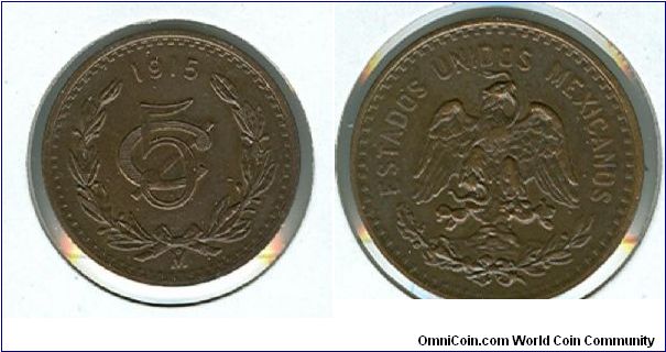 1915 Mexico 5 centavo, XF condition, borderline AU.