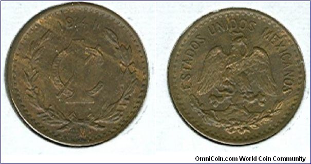 1941 Mexico 1 centavo, very nice wood grain look, hard colors to come by for this denomination.