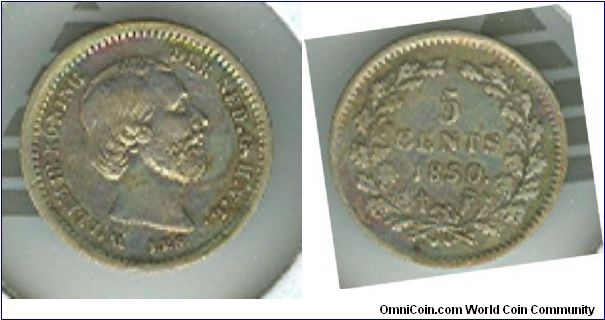1850 Netherlands 5 cents. AWESOME toning, red, blue, green turquoise, purple, orange.