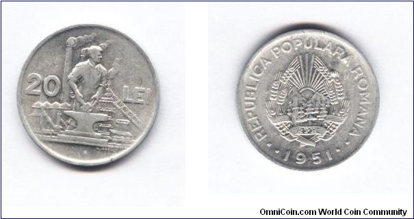 This is a aluminium coin from Romania: 20 Lei,dated 1951,good piece.