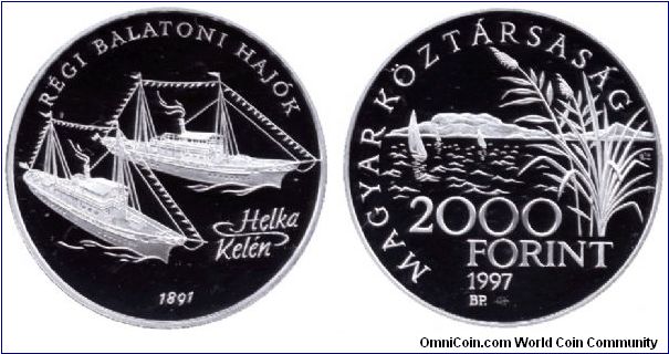 Hungary, 2000 forints, 1997, Ag, Old Lake Balaton ships: Helka and Kelén.                                                                                                                                                                                                                                                                                                                                                                                                                                           