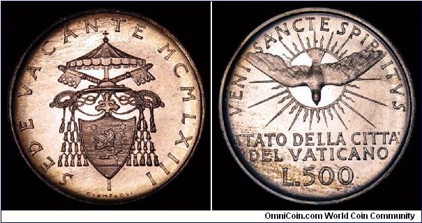 1963 Vatican Sede Vacante 500 Lire. Ruler: Cardinal Benedetto Aloisi-Masella (after the death of Pope John XXIII).