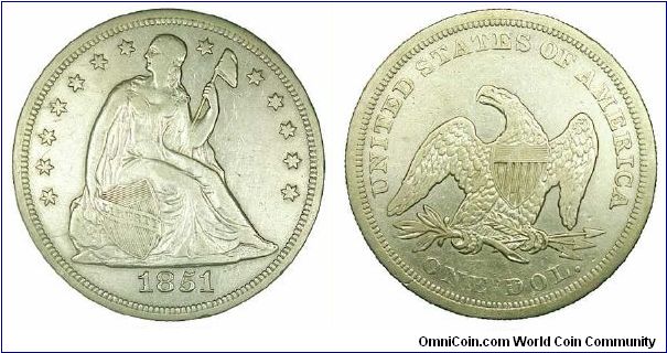 This is a beautiful/gorgeous and hard to gind coin: the 1851 Liberty Seated Dollar in VF+ condition.