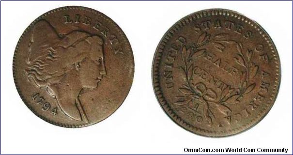 Great coin from Usa: the 1794 Half Cent in Fine.