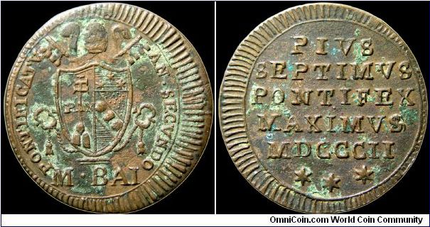 ½ Baiocco, Papal States.

Like the ¼ Baiocco also onsite this piece is off-center though a much stronger strike.                                                                                                                                                                                                                                                                                                                                                                                                  