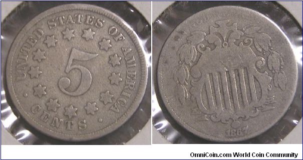 1867 Shield Nickel--no rays
