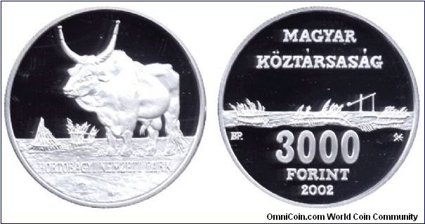 Hungary, 3000 forints, 2002, Ag, Hortobágy National Park, Hungarian Grey long-horn cattle.                                                                                                                                                                                                                                                                                                                                                                                                                          