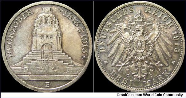 3 Mark, Saxony.

A commemorative for the 100th anniversary of the Battle of Leipzig.                                                                                                                                                                                                                                                                                                                                                                                                                              
