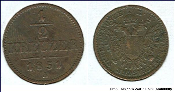 1851 A Austria 1/2 Kreuzer.