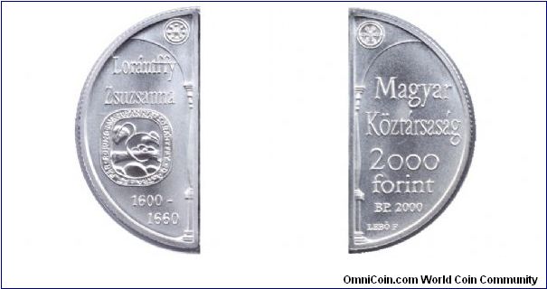 Hungary, 2000 forints, 2000, Ag, Zsuzsanna Lórántffy princess of Transylvania, 1600-1660, very special form of half coin!                                                                                                                                                                                                                                                                                                                                                                                           