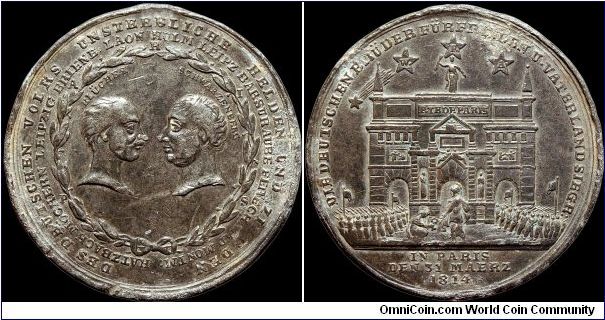 Entrée des alliés à Paris, probably Prussia.

A lead medal featuring Blucher and Schwarzenberg facing each other. On the reverse is their victorious armies entering Paris.                                                                                                                                                                                                                                                                                                                                       