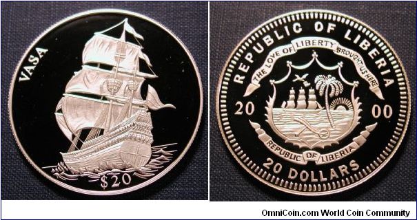 2000 Liberia 20 Dollars
Legends of the Ocean Series .999 Silver 20g 40mm Proof