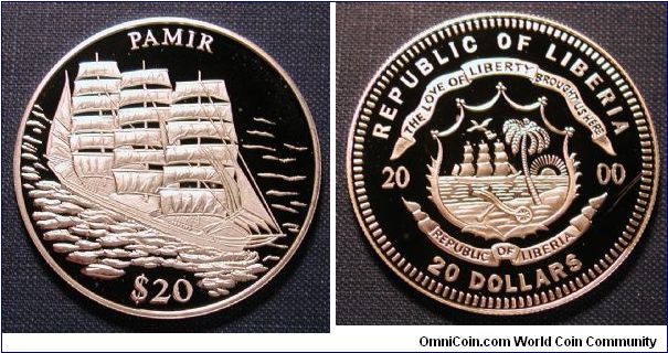 2000 Liberia 20 Dollars
Legends of the Ocean Series .999 Silver 20g 40mm Proof