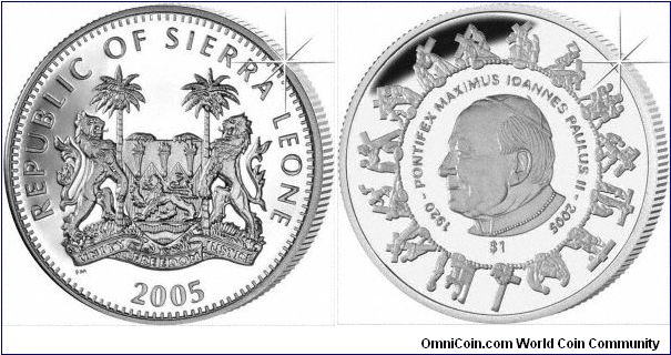 Upgraded images of the Papal memorial coin from Sierra Leone, showing both obverse and reverse.  We will also be uploading a similar coin for the new Pope Benedict XVI.