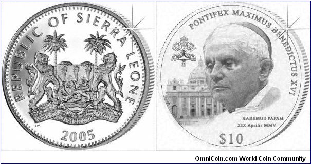 The new Pope, Benedict XVI is honoured on a new silver proof coin from Sierra Leone, to go with the memorial one for John Paul.