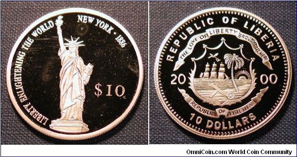 2000 Liberia 10 Dollars Statue of Liberty .999 Silver