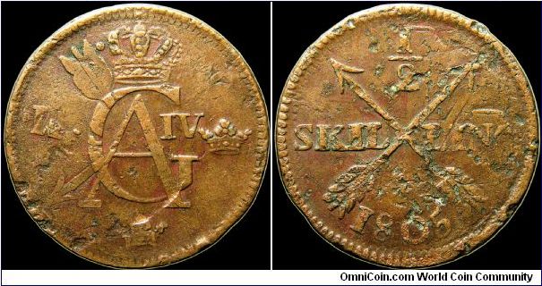 ½ Skilling.

These were struck over 18th century 1 ore. You can clearly see the original coin on the obverse and the original may be responsible for the general poor eye appeal of this coin.                                                                                                                                                                                                                                                                                                                    