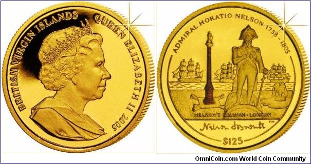 Nelson's column is picked out by an overlay of copper strip on this gold $125 coin celebrating Nelson's life, 1758 - 1805.
