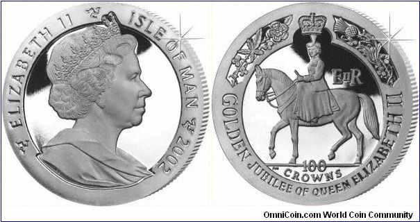 Giant 3-kilo size silver proof Manx 100 crowns issued for the Queen's Golden Jubilee in 2002.