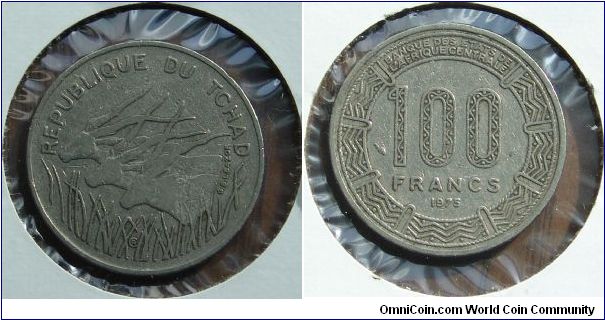 A 1975 100 Franc (Central African Francs)coin from Chad