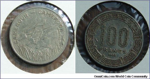 A 1983 100 Franc coin (Central African Francs) from Cameroon