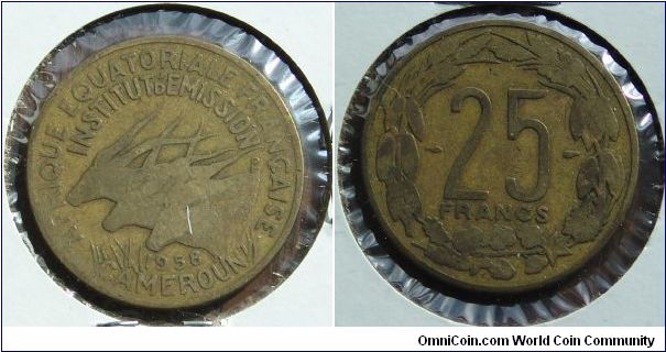 A 1958 25 France Coin (Central African Francs) from Cameroon