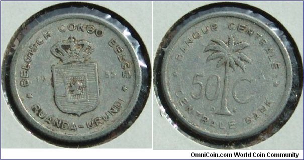A 1955 Fifty Cent coin from the Belgium Congo