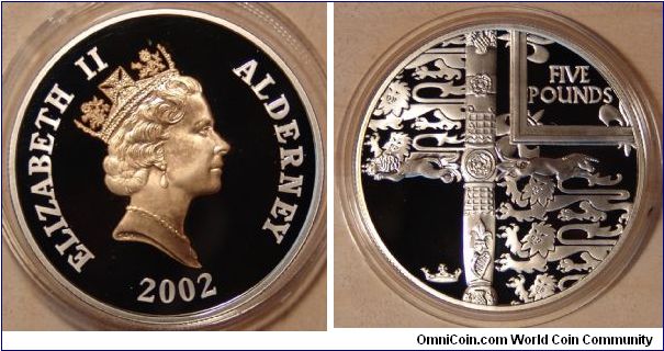 A 2002 Five Pound Silver Coin from Alderney Part of the Queen Elizabeth II Golden Jubilee Crown Collection