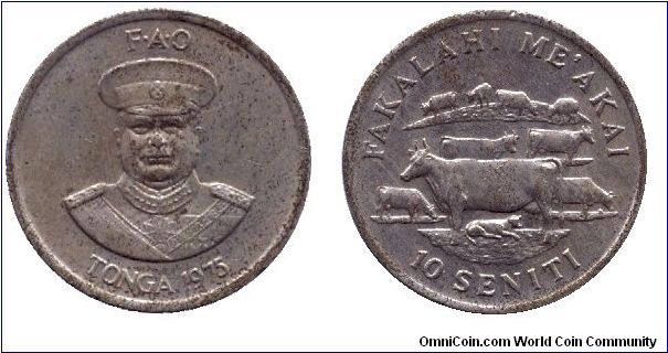 Tonga, 10 seniti, 1975, Cu-Ni, Ten cows, King Taufa'ahau.                                                                                                                                                                                                                                                                                                                                                                                                                                                           