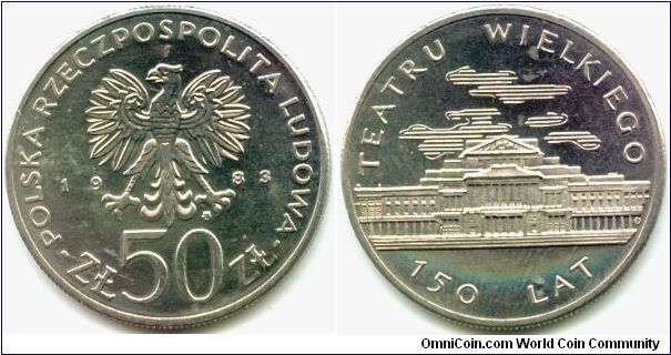 Poland, 50 zlotych 1983.
150th Anniversary of Great Theater.