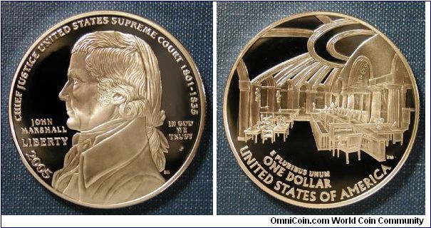 2005-P Chief Justice John Marshall Commemorative Silver Dollar Proof .900 Silver 38.10 mm Reverse: Interior view of the Old Supreme Court Chamber in the U.S. Capitol