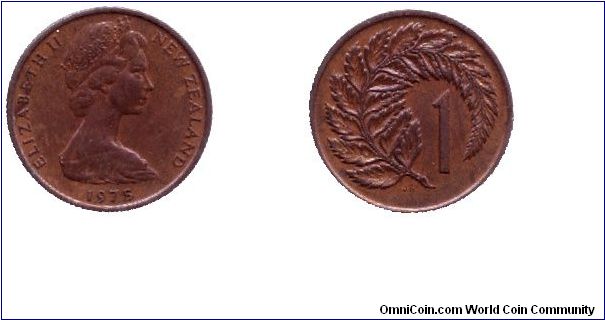 New Zealand, 1 cent, 1975, Bronze, Silver Fern Leaf, Queen Elizabeth II.                                                                                                                                                                                                                                                                                                                                                                                                                                            