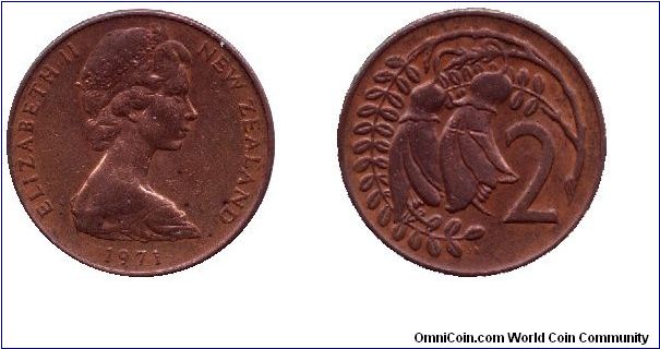 New Zealand, 2 cents, 1971, Bronze, Kowhai flower, Queen Elizabeth II.                                                                                                                                                                                                                                                                                                                                                                                                                                              