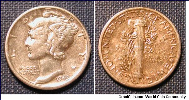 1943-S Mercury Dime Golden Toned Reverse