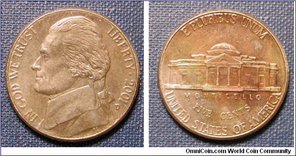 2001-D Jefferson Nickel Toned Reverse