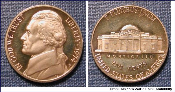 1974-S Jefferson Nickel Proof (gold & green toned)