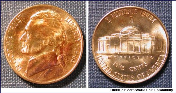 1943-D Jefferson Nickel (Yellow, Red, Purple Toned)