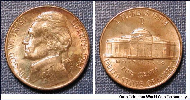 1943-D Jefferson Nickel (Red, Gold & Rainbow toned)
