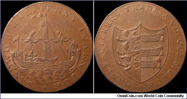 ½ Penny Conder Token.

A token from Sandwich, one of the Cinque Ports.                                                                                                                                                                                                                                                                                                                                                                                                                                            