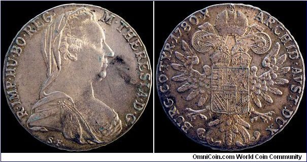 Thaler.

As most people know this is one of the most restruck coins of all time. This example was struck in London between 1936-1961. The PVC damage was caused by my ignorance as a young collector.                                                                                                                                                                                                                                                                                                             