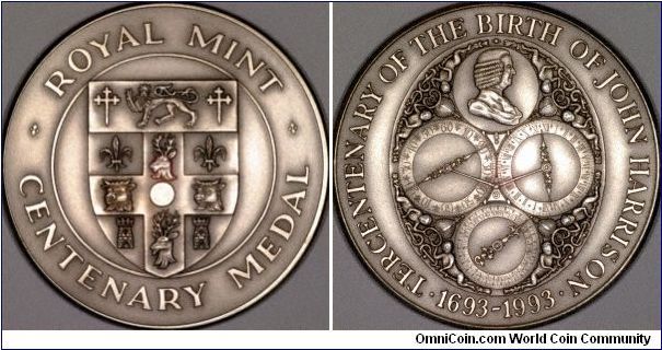 Royal Mint medallion to commemorate the tercentenary of the birth of John Harrison in 1663, the inventor of the chronometer.